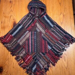 SKA Poncho Unisex Front Pocket Fringe Hood Made In Nepal One Size Handwoven